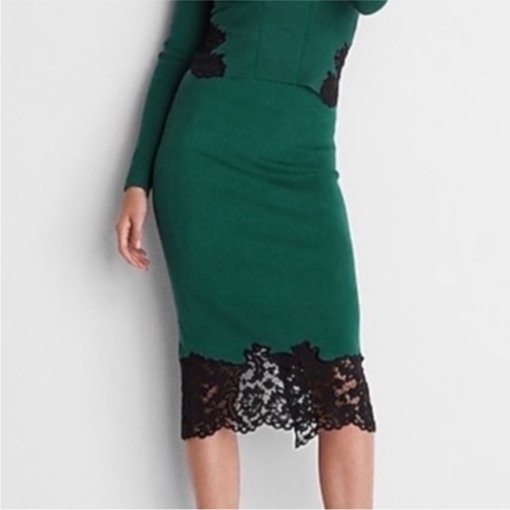 EXPRESS Body Contour Green Midi Slirt with Black Lace Trim XS